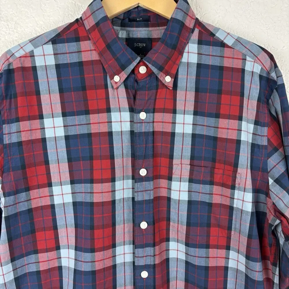 J Crew Red Blue Plaid Men’s Button Up Shirt Size Large Slim Business Preppy Work